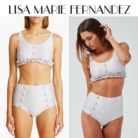 Lisa Marie Fernandez Colby High-Waist Bkini Silver & Pink Metallic Jacquard Sz 1 - Picture 3 of 16